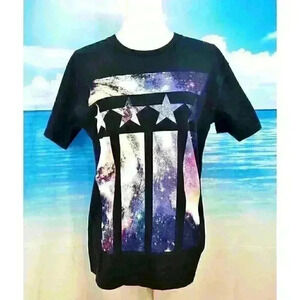 RIO GARMENT Mens BLACK Tee-shirt UNIVERSE STARS & STRIPES Graphic VTG size Med